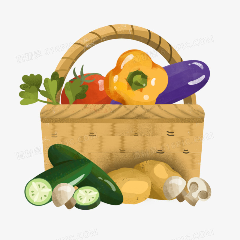 手绘插画风格蔬菜篮子元素