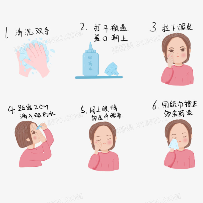 一组手绘卡通滴眼药水步骤元素