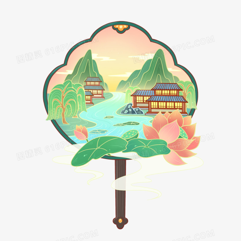 手绘国潮扇子微景观插画素材