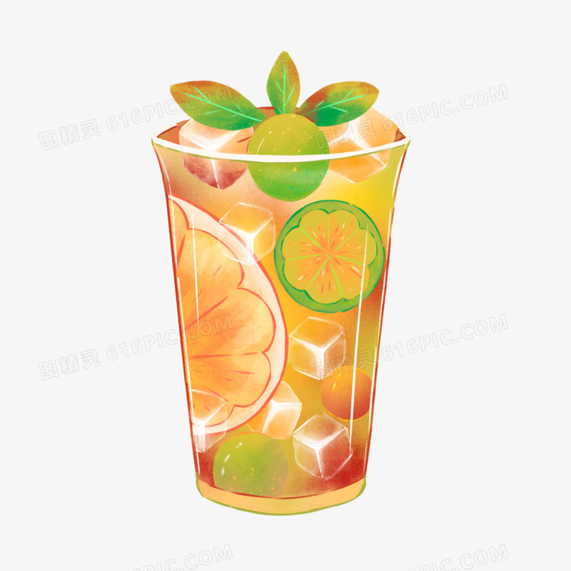 一组卡通手绘新鲜夏日饮品之西柚汁元素