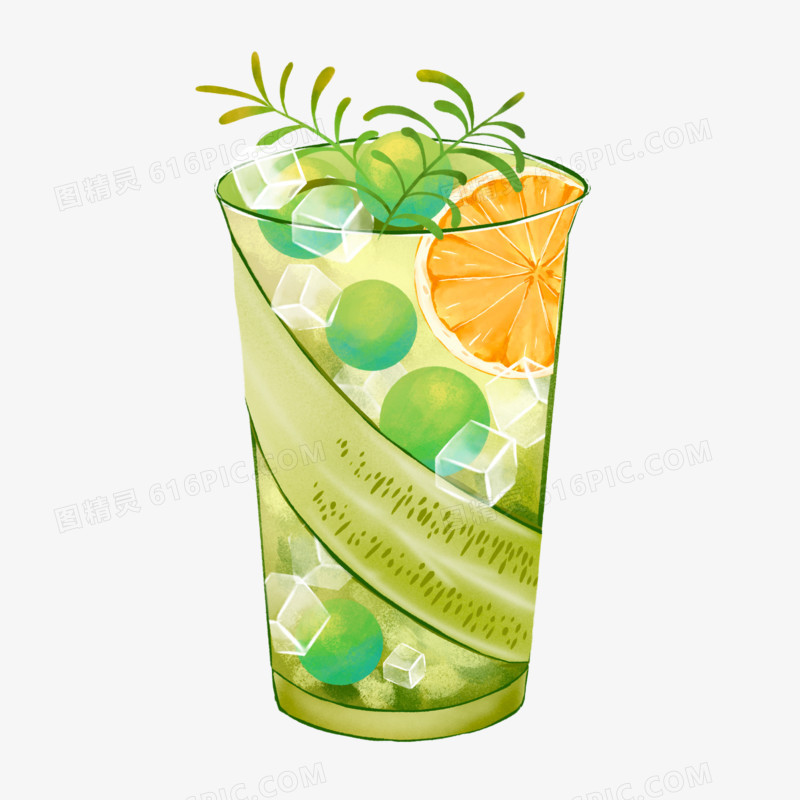 一组卡通手绘新鲜夏日饮品之青柠汁元素