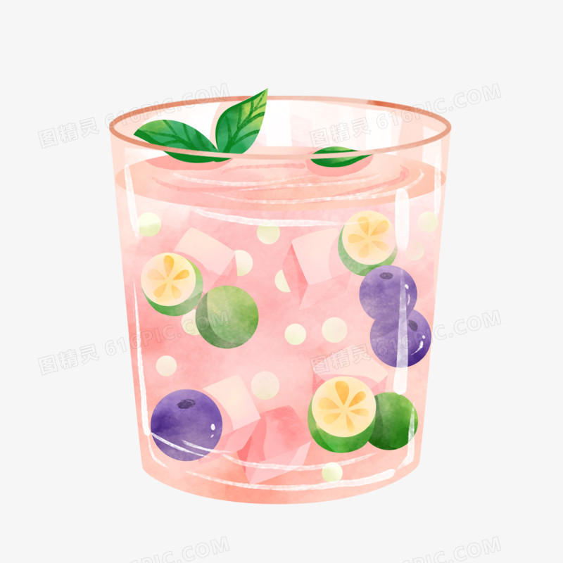 一组插画风夏日冷品饮料合集之白桃蓝莓汁元素