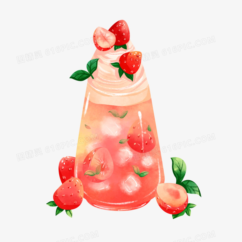 一组插画风夏日冷品饮料合集之草莓汁元素