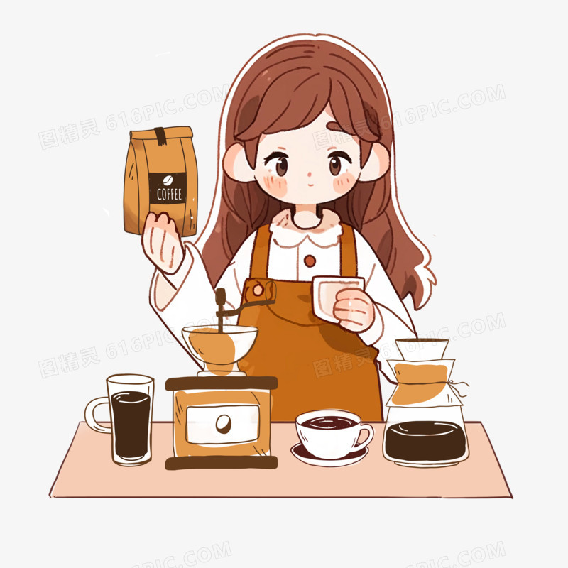 手绘卡通女孩调制咖啡元素