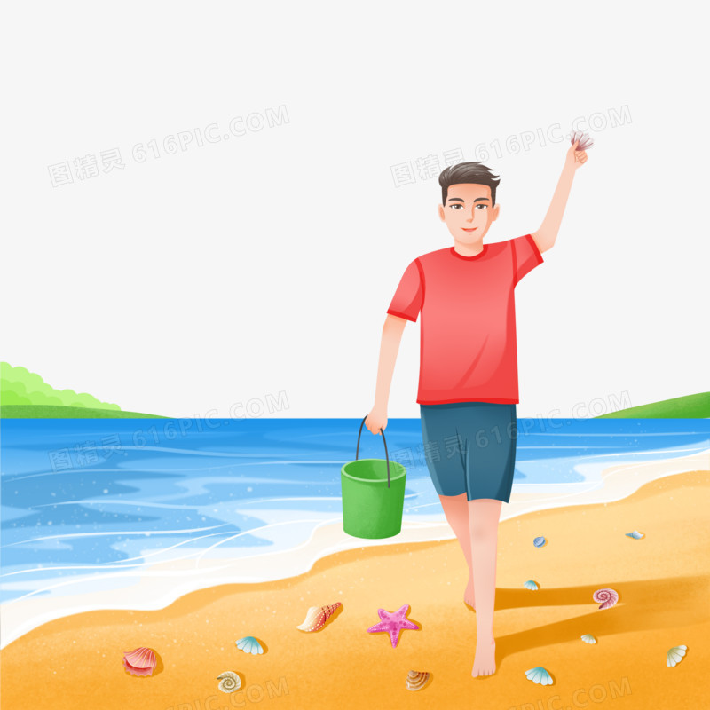 手绘插画风男子在海边捡贝壳元素