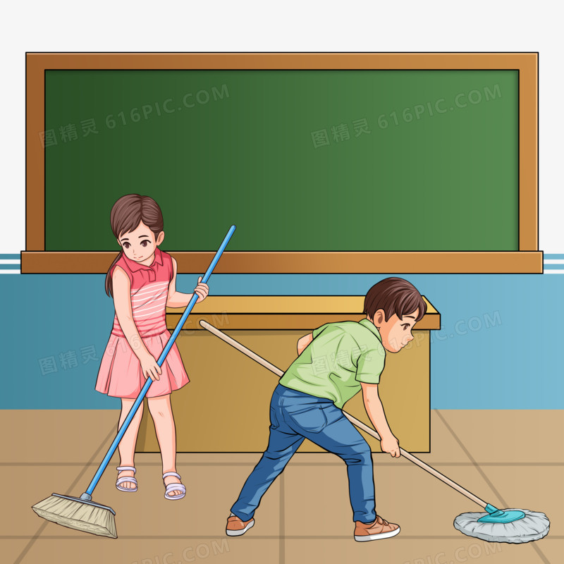 手绘教室打扫卫生的学生元素