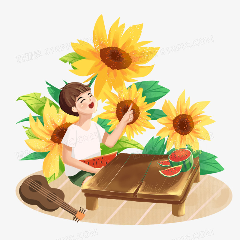 男孩坐在向日葵前吃西瓜合成元素