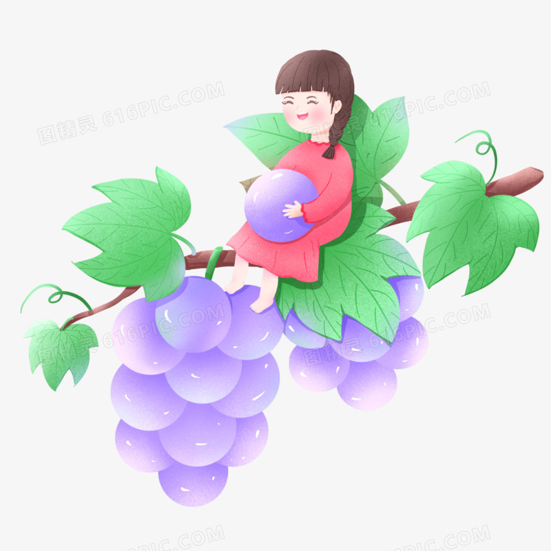 手绘小女孩坐在葡萄上微景观元素