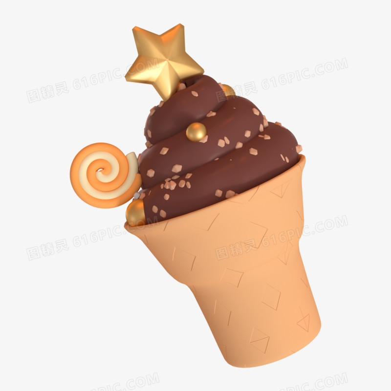C4D棕色卡通巧克力冰淇淋3D元素