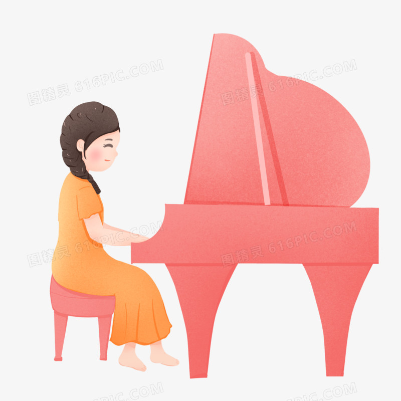 手绘少女弹钢琴免抠元素