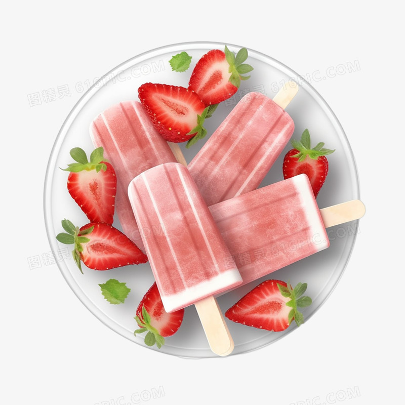 草莓冰棒夏日冷饮清新雪糕摆盘元素