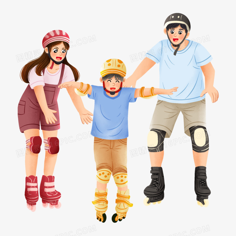 手绘插画风父母教孩子轮滑运动免抠元素