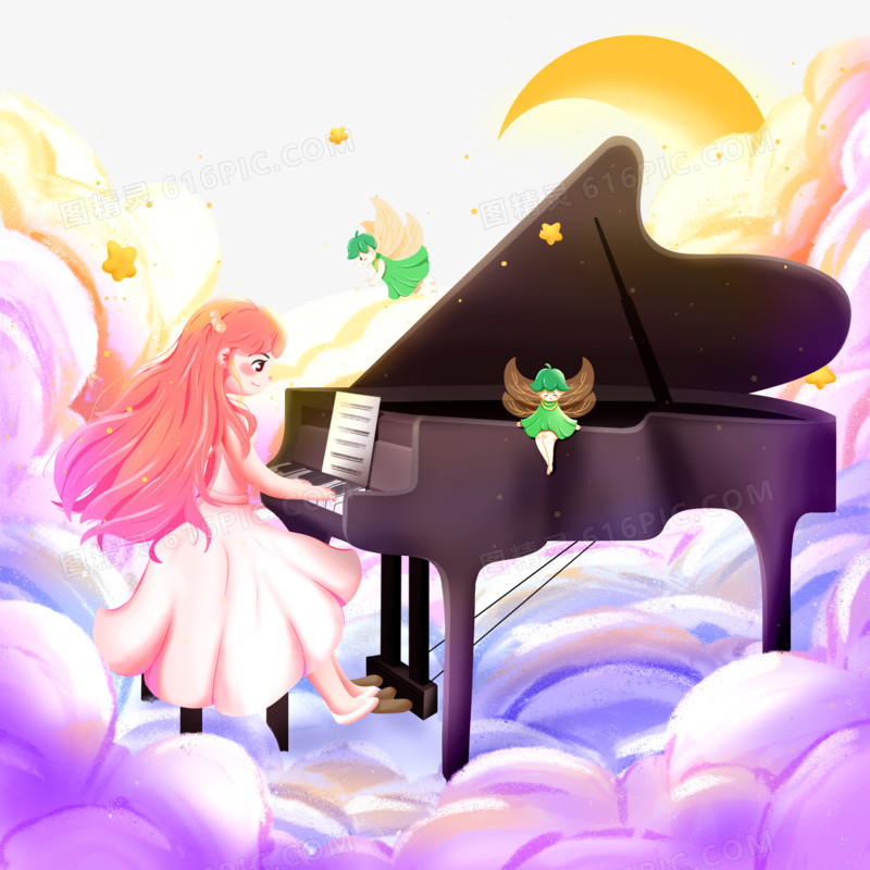 手绘梦幻插画风女孩弹钢琴练琴元素