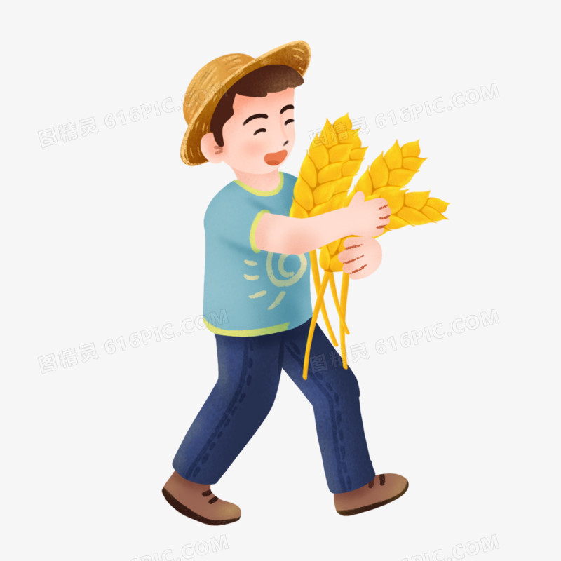 卡通手绘免抠农民抱着丰收的麦子元素