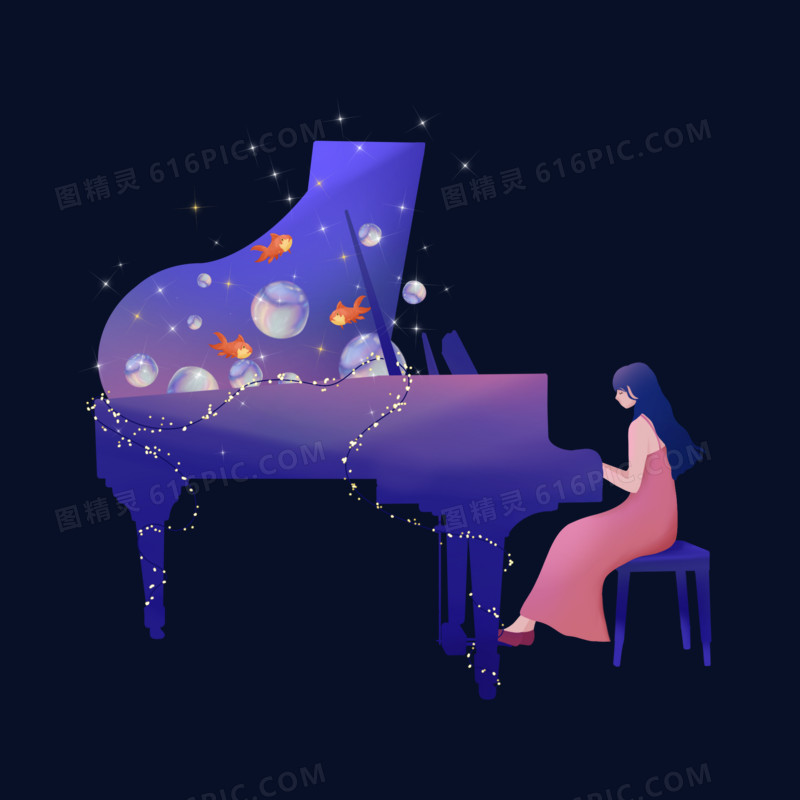 手绘梦幻插画风弹钢琴的少女免抠元素