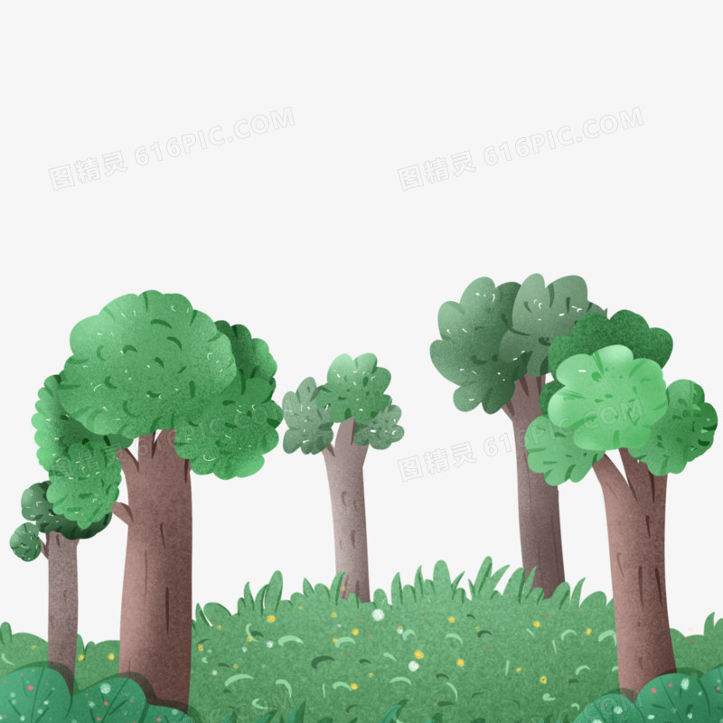 手绘水彩插画小树林免抠元素