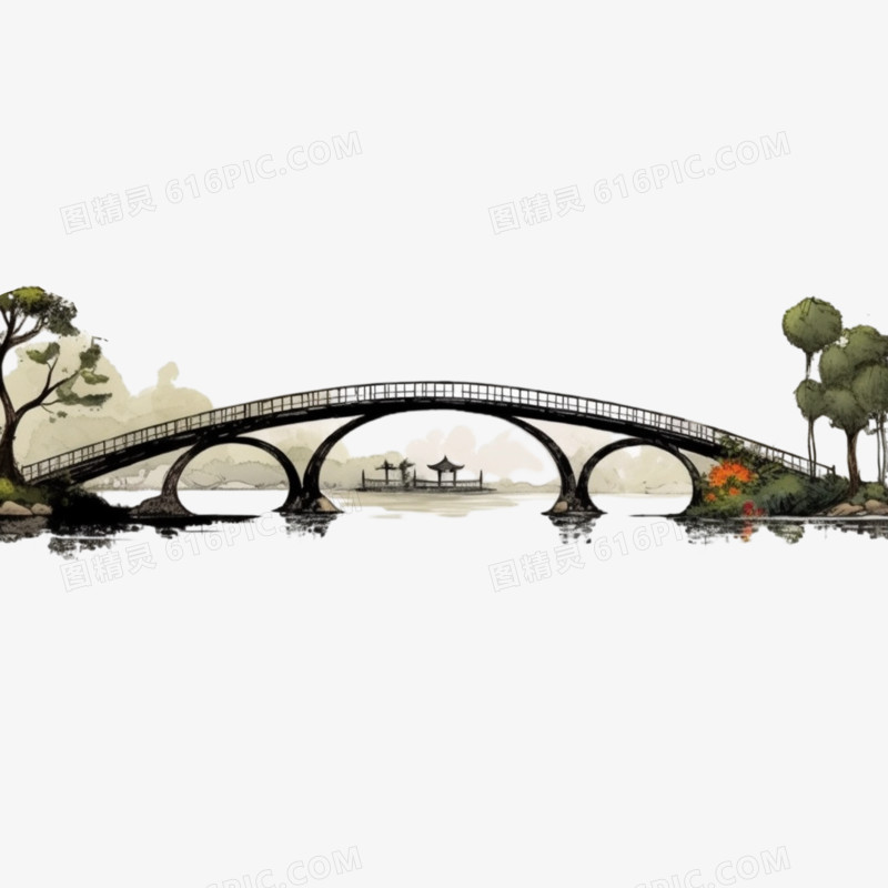 国画水墨古风拱桥长桥元素