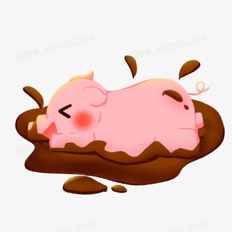 卡通手绘小猪在泥坑玩元素