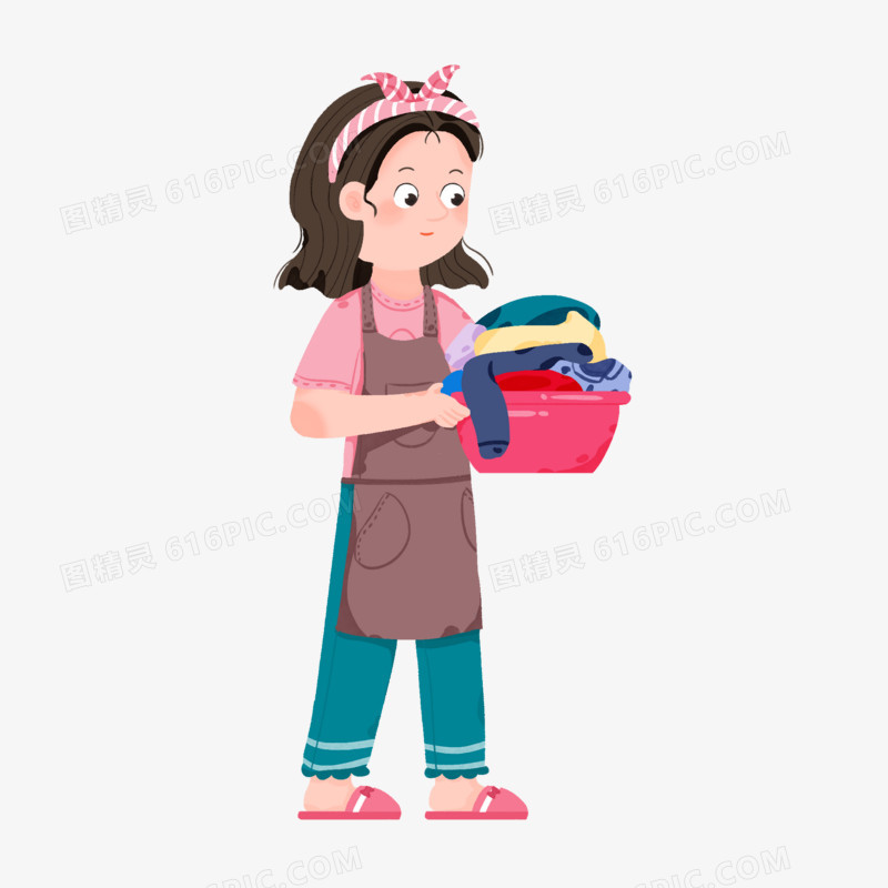 手绘卡通家庭主妇洗脏衣服元素