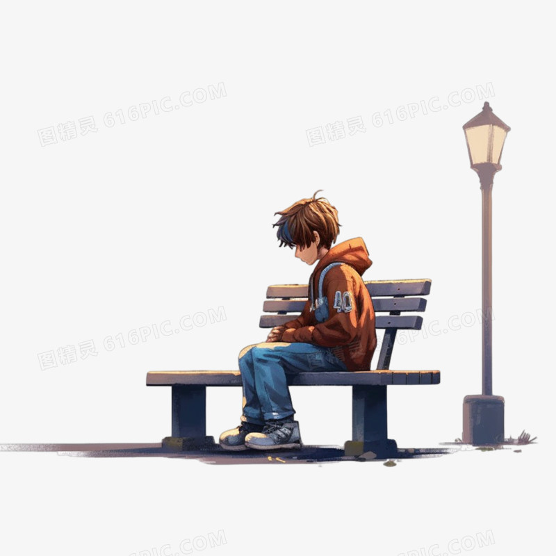 男孩孤单坐在长椅上元素