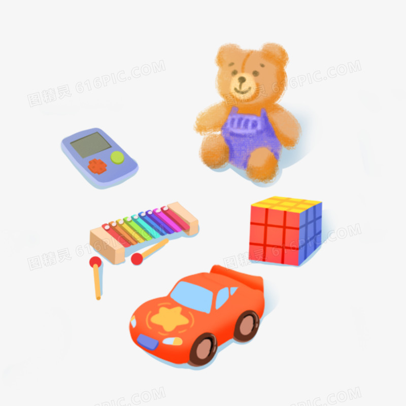 手绘卡通小熊小汽车魔方玩具元素