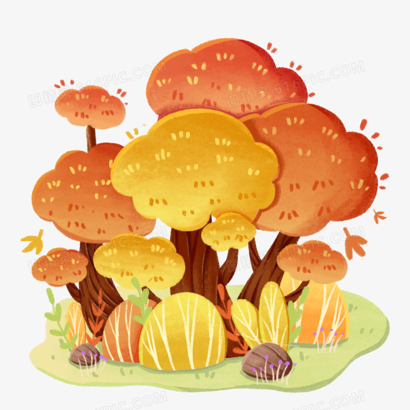 手绘插画风秋天的树林免抠元素