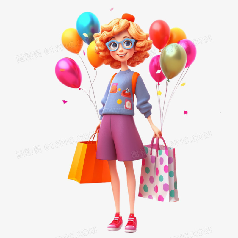 开心的购物少女电商购物节3D人物元素