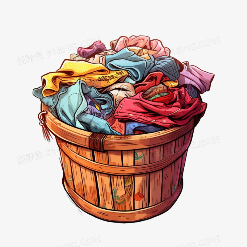 手绘卡通不干净的脏衣服脏衣篮木桶元素