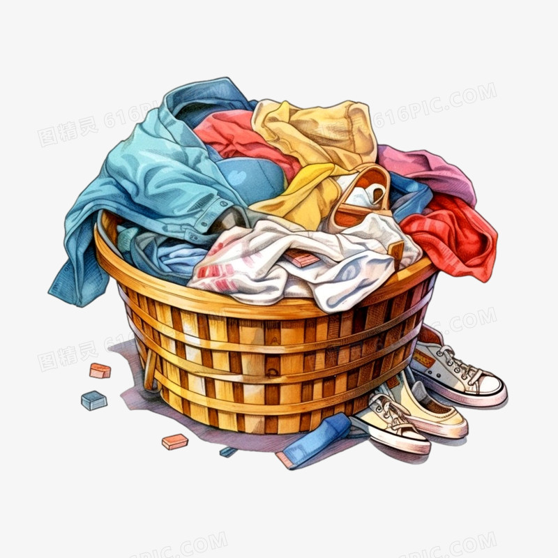 脏衣服脏衣篮木桶装着未清洗的衣物元素
