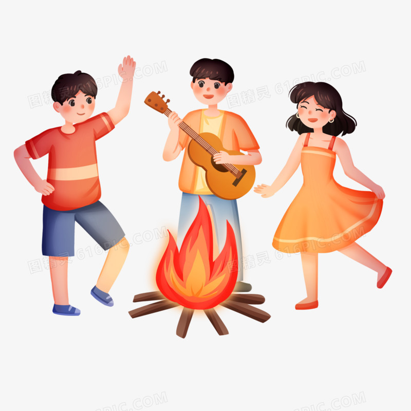 手绘插画小伙伴们围着篝火跳舞唱歌免抠素材