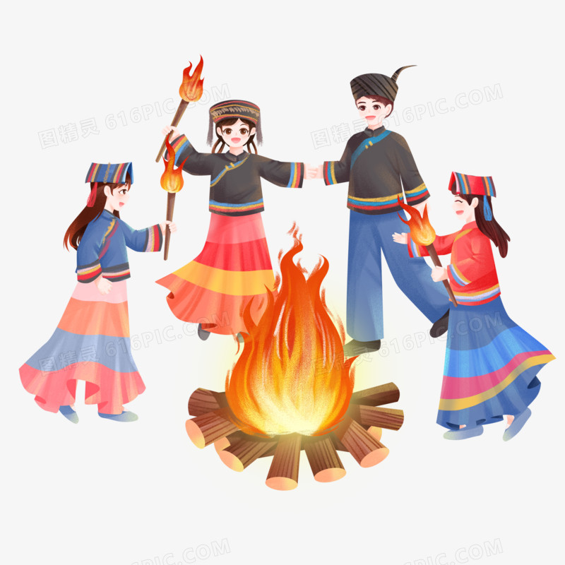 手绘少数民族围着火把庆祝跳舞场景元素