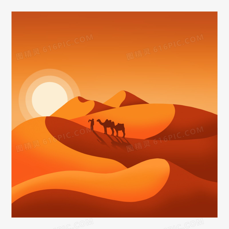 手绘黄昏沙漠里的孤独骆驼旅人素材