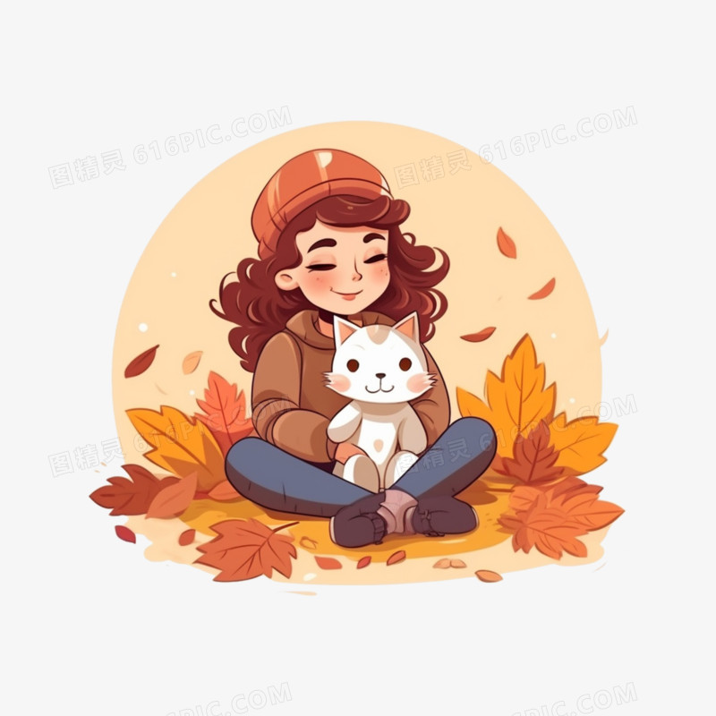 秋天卡通女孩坐着摸猫元素