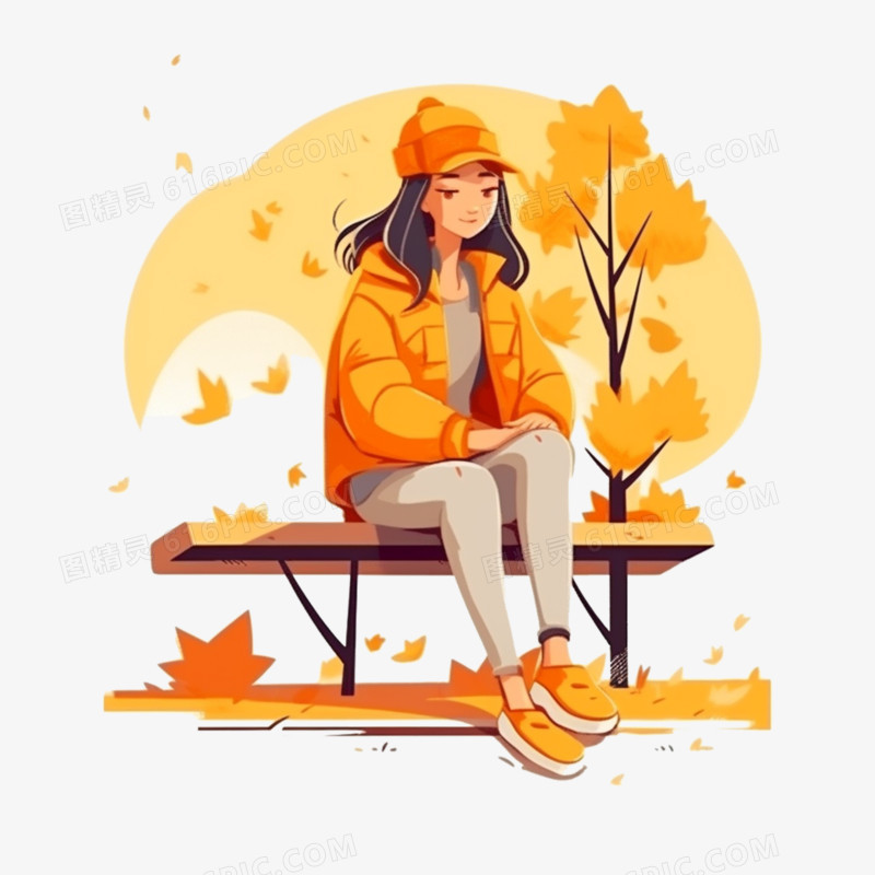 秋天卡通女孩坐在长椅上元素