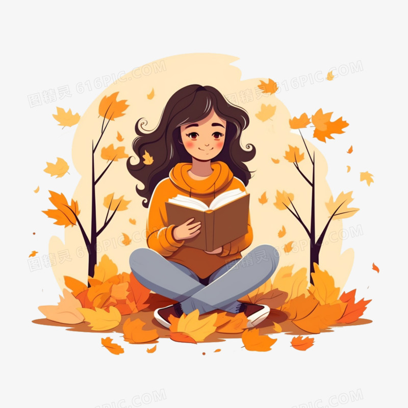 秋天卡通女孩坐着看书素材