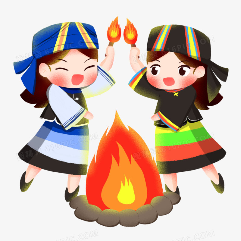 手绘少数民族姑娘围着篝火跳舞插画元素