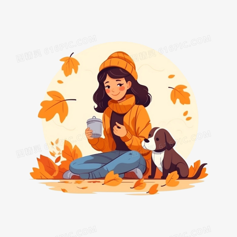 秋天卡通女孩抱着杯子和宠物玩耍元素