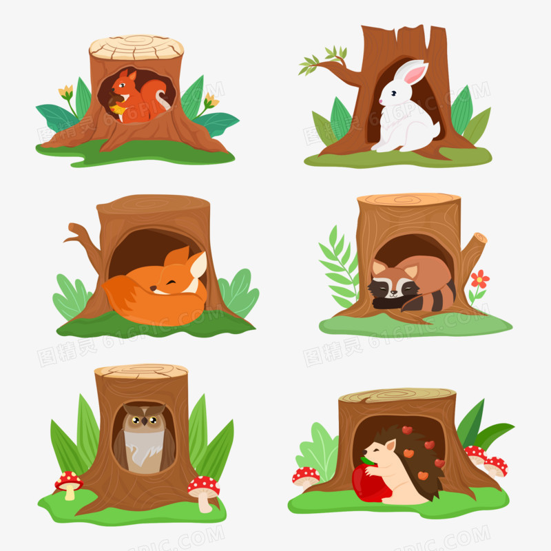 一组矢量卡通树洞里睡觉休息的小动物素材