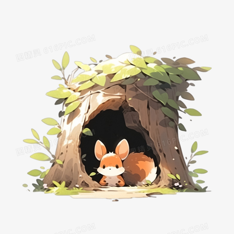 树洞里的小动物可爱治愈系插画元素
