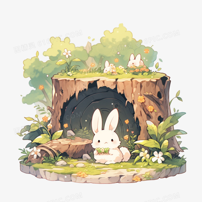 树洞里的小兔子可爱治愈系插画元素