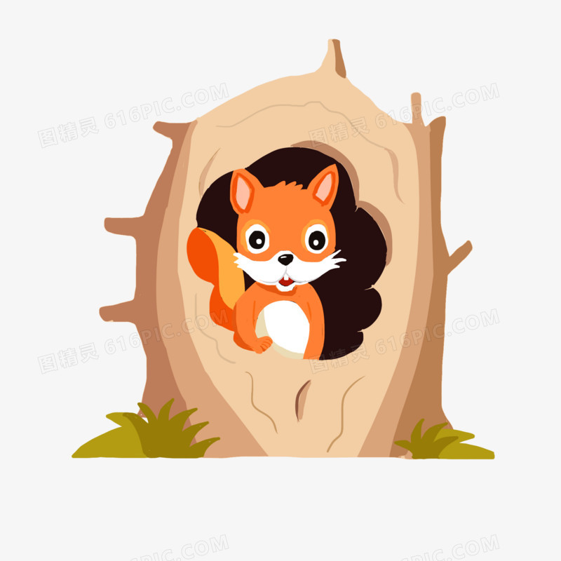 手绘卡通树洞里的小狐狸免抠元素