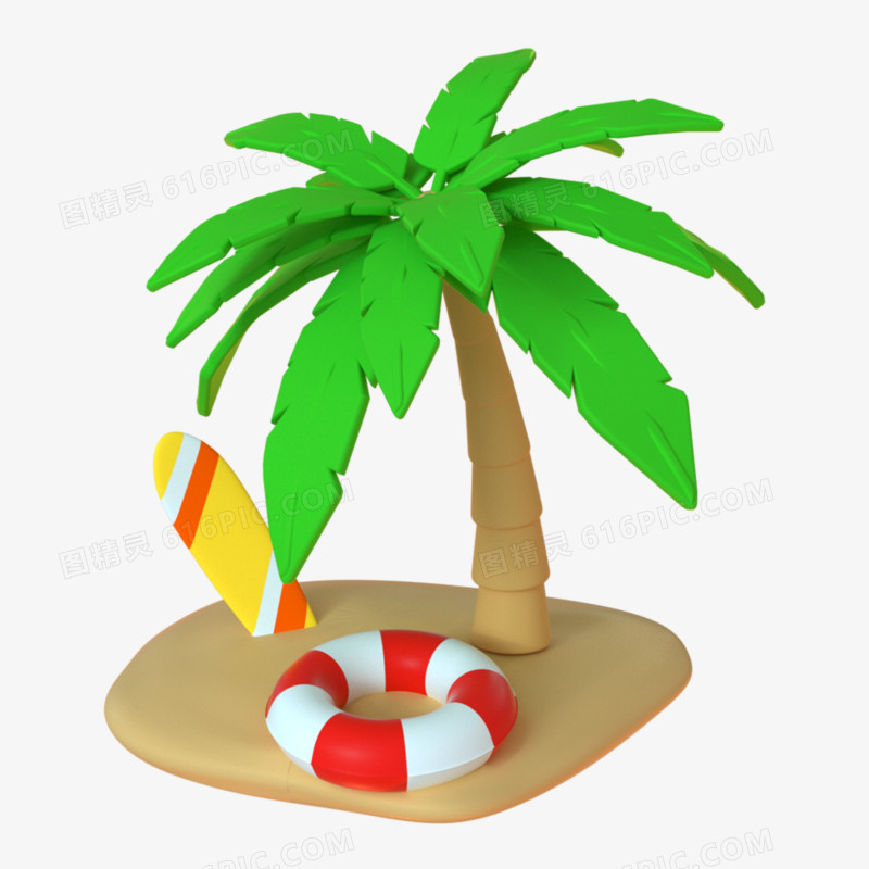 C4D绿色卡通夏日海滩椰树3d元素