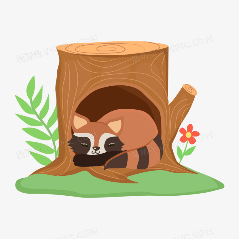 矢量卡通树洞里睡觉休息的小浣熊素材