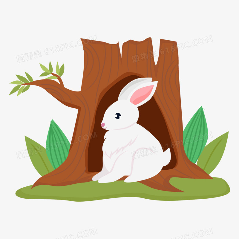 矢量卡通树洞里睡觉休息的小兔子素材
