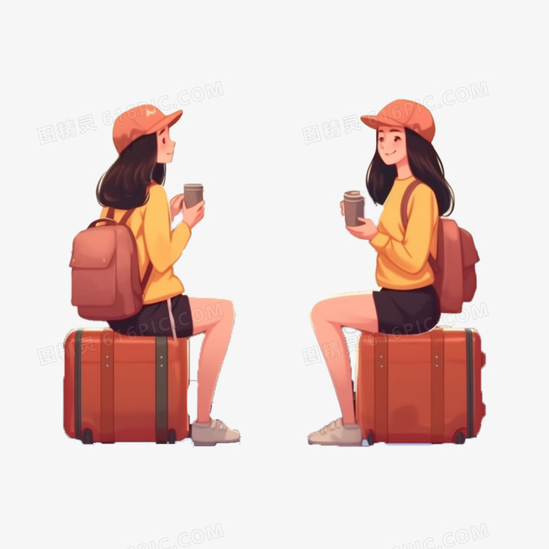两个女孩毕业季出行旅游坐在行李箱上元素