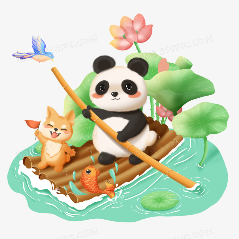 手绘夏日熊猫划竹筏创意插画元素