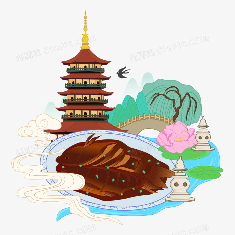 手绘国潮杭州旅游美食微景观素材