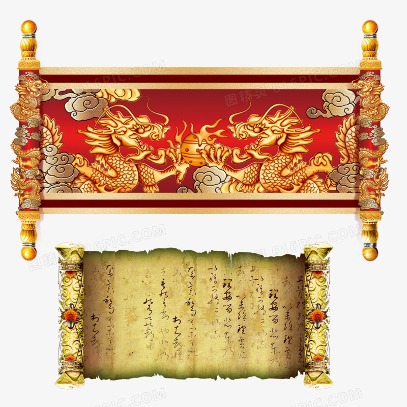 中国龙画轴+古卷轴素材