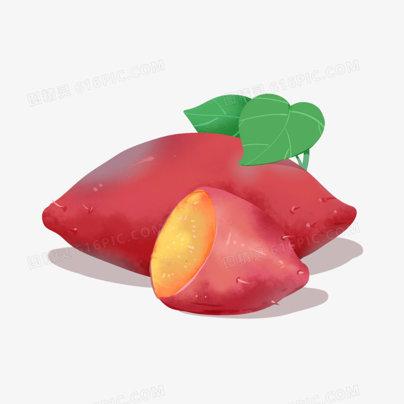 手绘肌理风红薯烤地瓜红薯叶素材