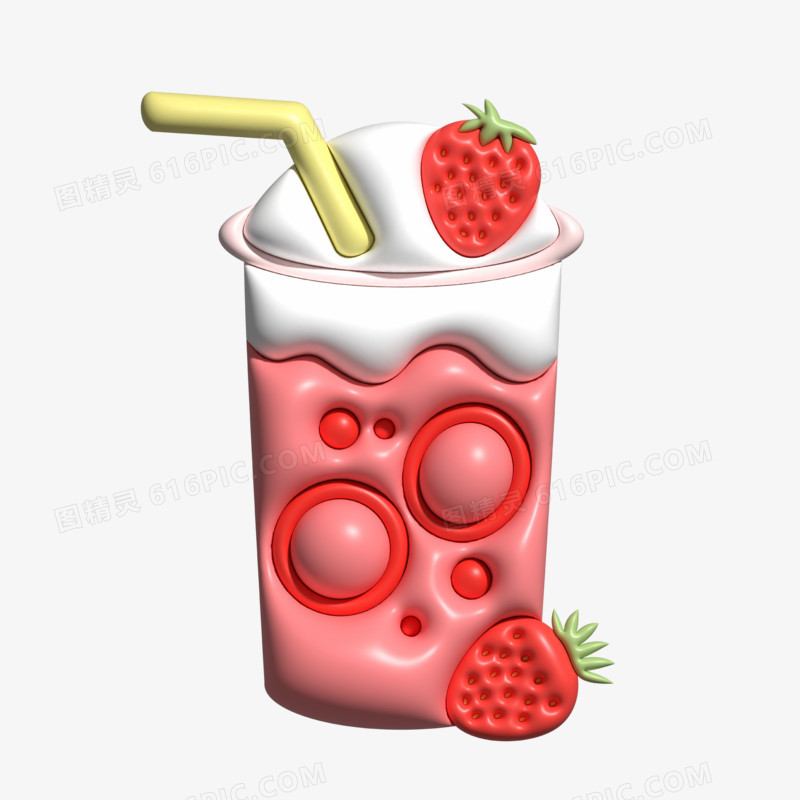 矢量膨胀风3D立体饮料草莓奶茶元素
